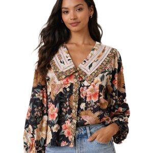 NWT~ FARM Rio Collared Embroidered Floral Blouse, Size M | Anthropologie